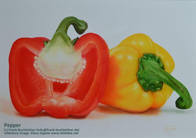 Rote und gelbe Paprika, eine aufgeschnitten, mit grünem Stiel.
