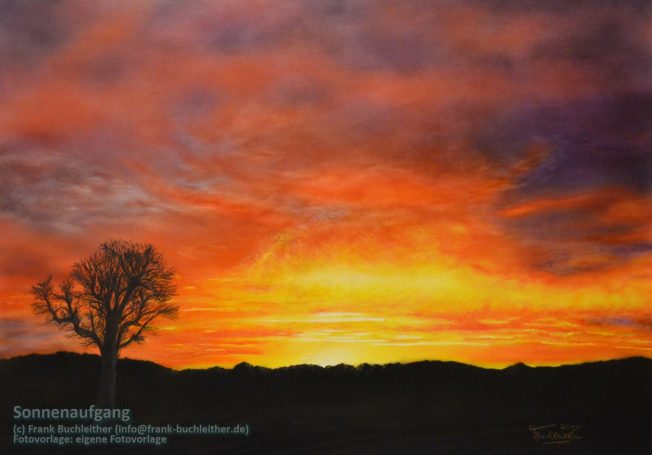 Sonnenuntergang mit leuchtenden Farben über einer silhouettierten Landschaft und Baum.